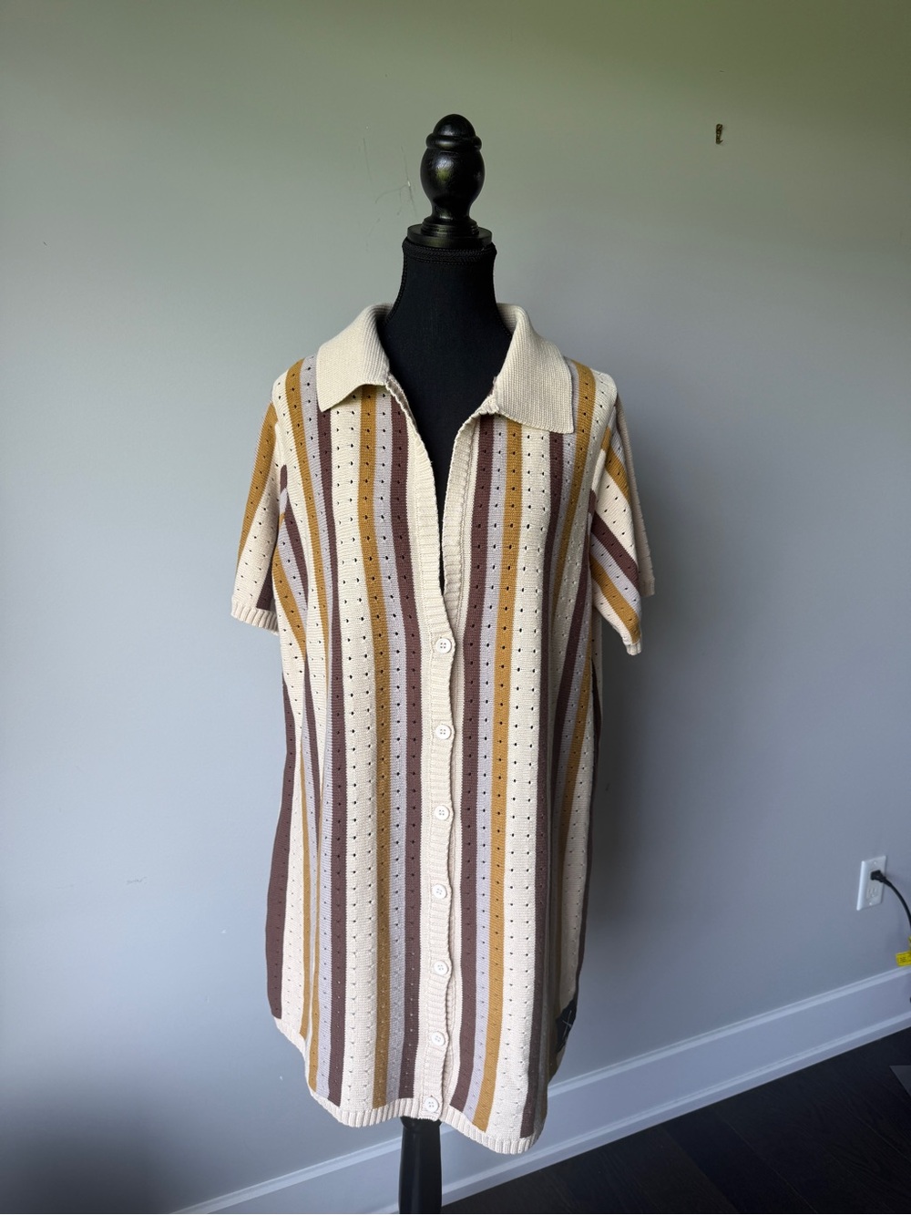 Striped Short-Sleeve Swim Coverup Dress - Cream, Brown & Tan